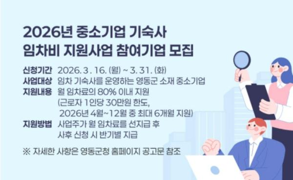 영동군, 중소기업 기숙사 임차비 지원사업 참여기업 모집 기사 이미지